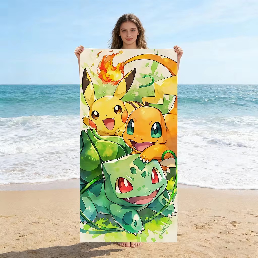 Beach Towel Large - P-Pokemon Starters Anime-Strandtuch, Pikachu Charmander Bulbasaur-Druck,
