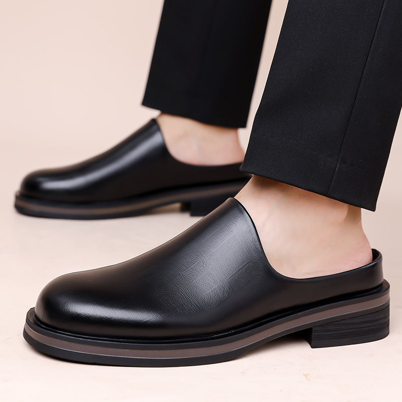 Flip Flop Leather Men - Herren Slip-On Halbpantoffeln, Dicksohlige Glänzende Freizeitlederschuhe,