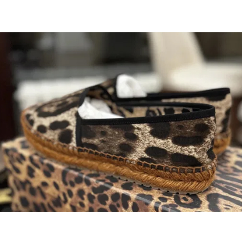 Espadrille Slip On - Flache Schuhe mit Leopardenmuster und gewebter